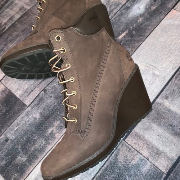 Timberland Cocoa Brown Leather Wedge Booties Size 6 $180 - Picture 5 of 6
